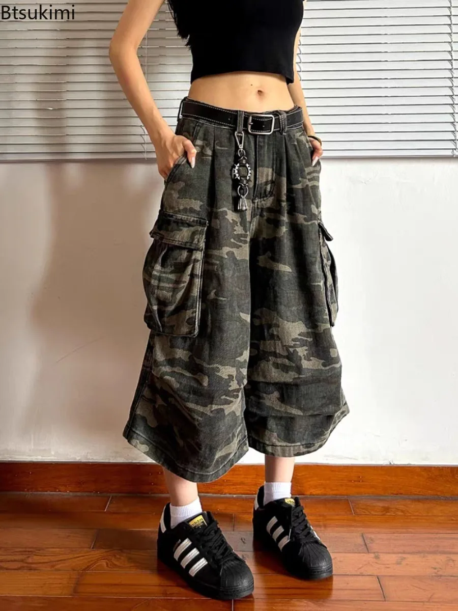 New Unisex Camo Denim Cropped Pants Curved‑Knife Vintage Distressed Loose Straight‑Leg Casual Streetwear American Work Trousers