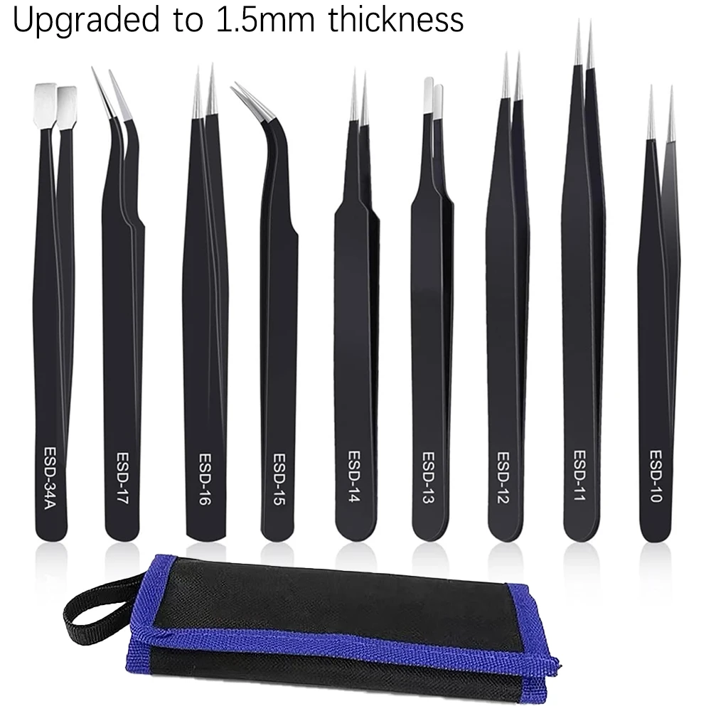 Precision ESD Anti-Static Tweezers Tool 6-10pcs Stainless Steel, 1.5MM Thick, for Electronics Repair Craft Modeling DIY Nail Art