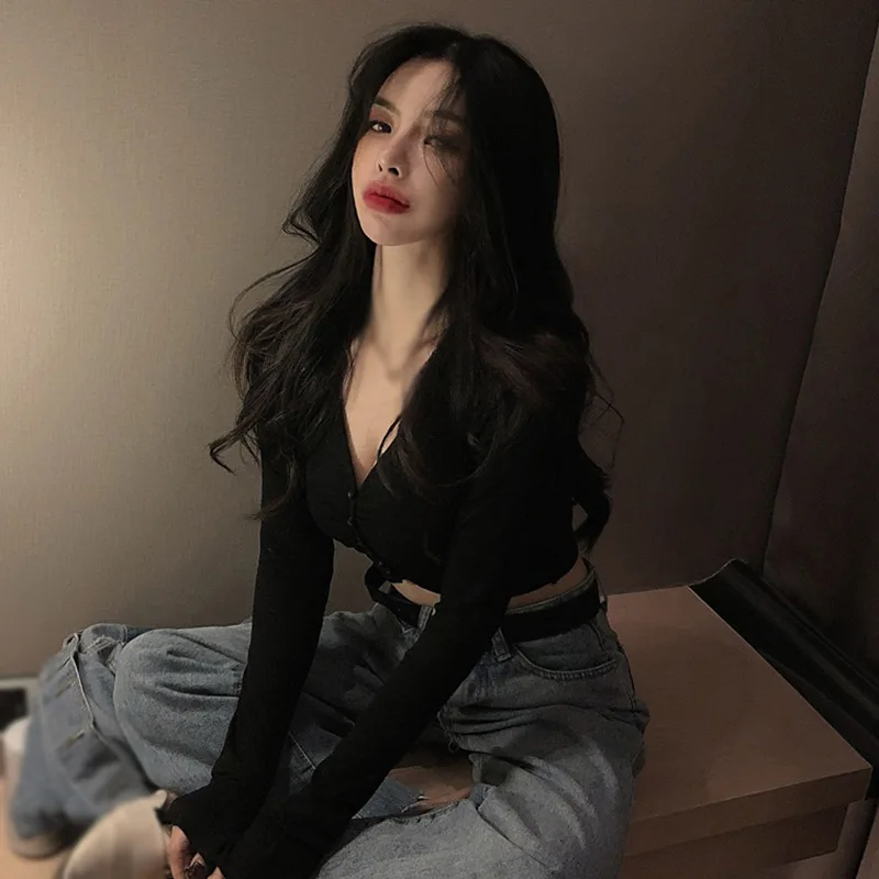 Spring Autumn Women Pleated Short Long Sleeve Base T-Shirt Tight Thin Tees Top Ladies Sexy Korean Crop T Shirts
