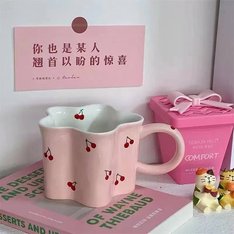 Plum Blossom Cute Girl Ceramic Cup Creative High Value Mug Pink Cherry Water Bottle Children's Breakfast Milk Cups, 320ml