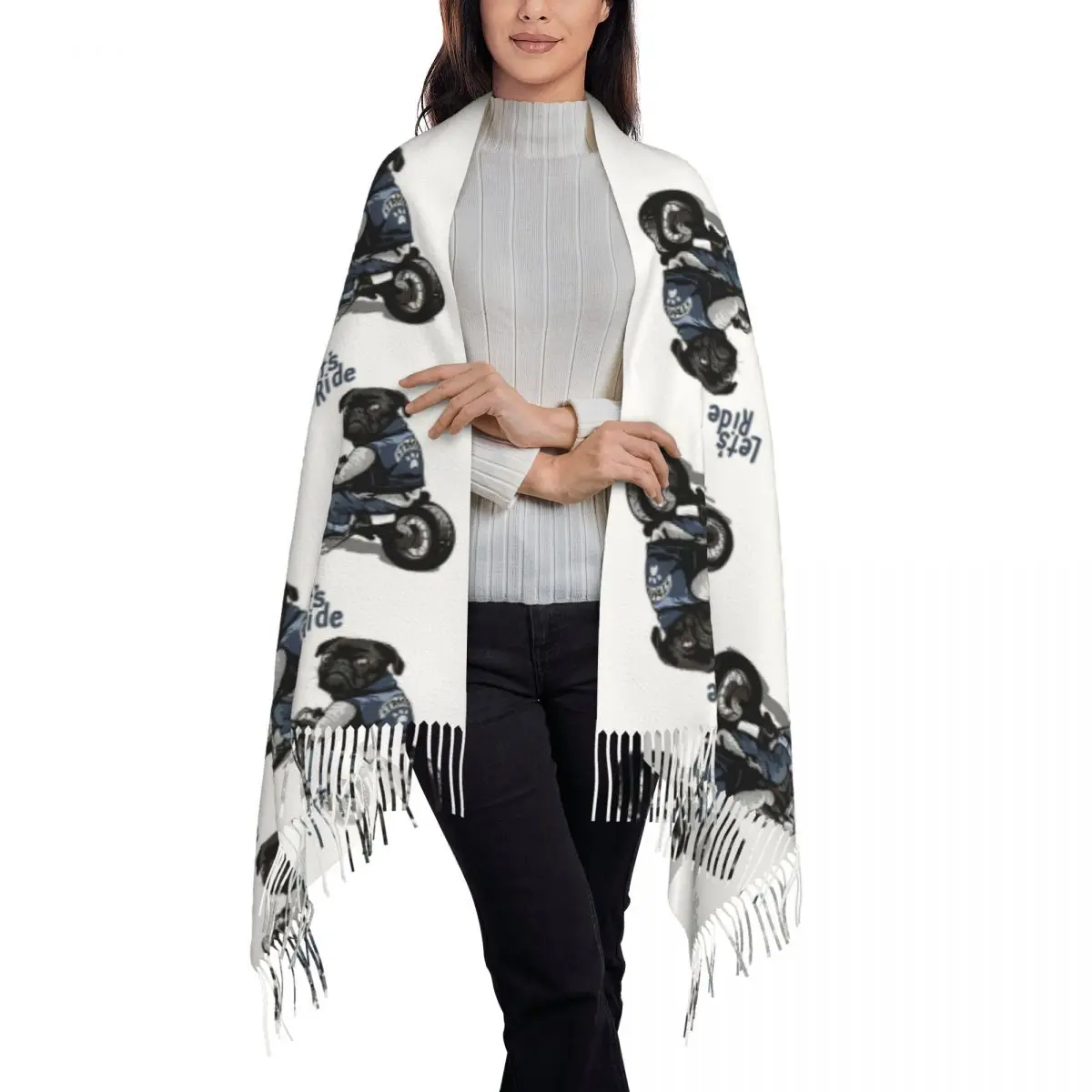 Let's Ride Motorcycle Big Bike Black Pug Dog Scarf Tassel Scarves for Women Soft Warm Shawls and Wraps Fall Winter Shawl Wrap