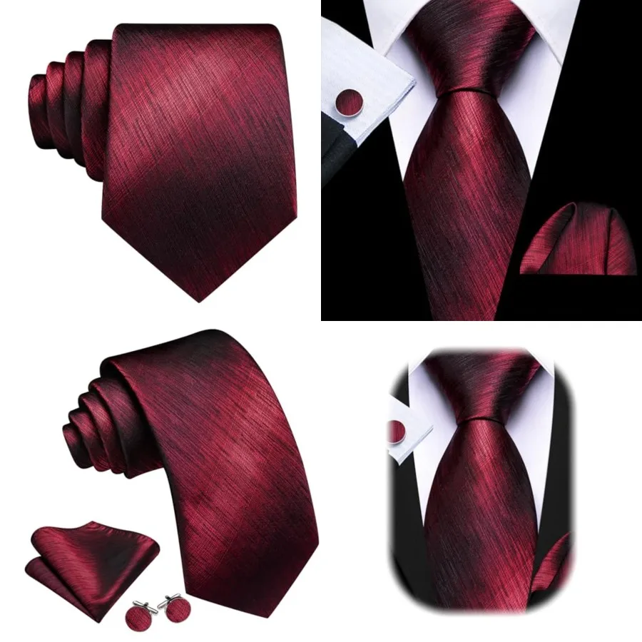 Conjuntos de Corbatas para Hombre, Corbata de Seda a Rayas, Pañuelo a Cuadros, Gemelos, Formal, Negocios, Boda, Color Borgoña