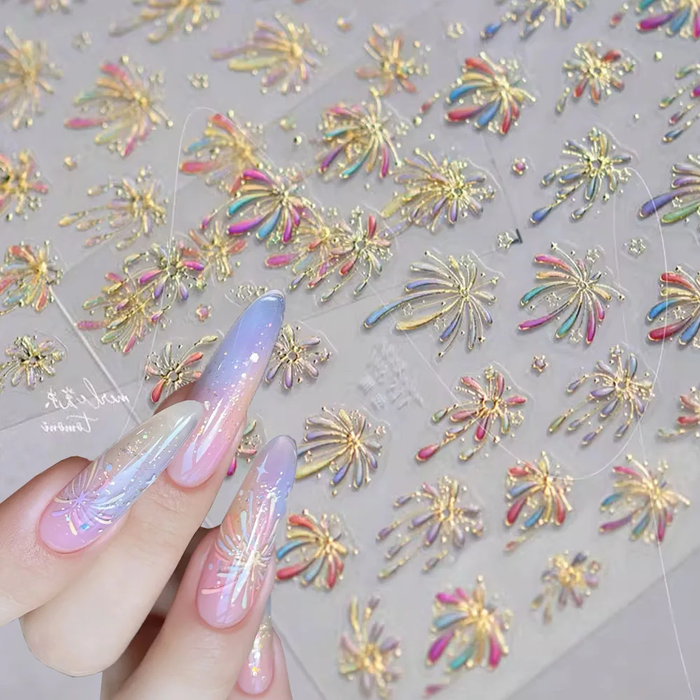 1 Stück 5D Bunte Gelee Glitter Feuerwerk Nagelaufkleber 2025 Neue geprägte Farbverlauf Heißprägung Blüten Y2K Feuerwerk Nagelaufkleber