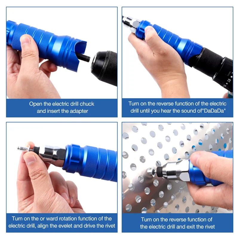 ABRW-Set di strumenti per pistola per dadi per rivetti elettrici a batteria in lega di alluminio Colore blu, 3/32", 1/8", 5/32", 1/4", ugelli con codolo esagonale fai da te