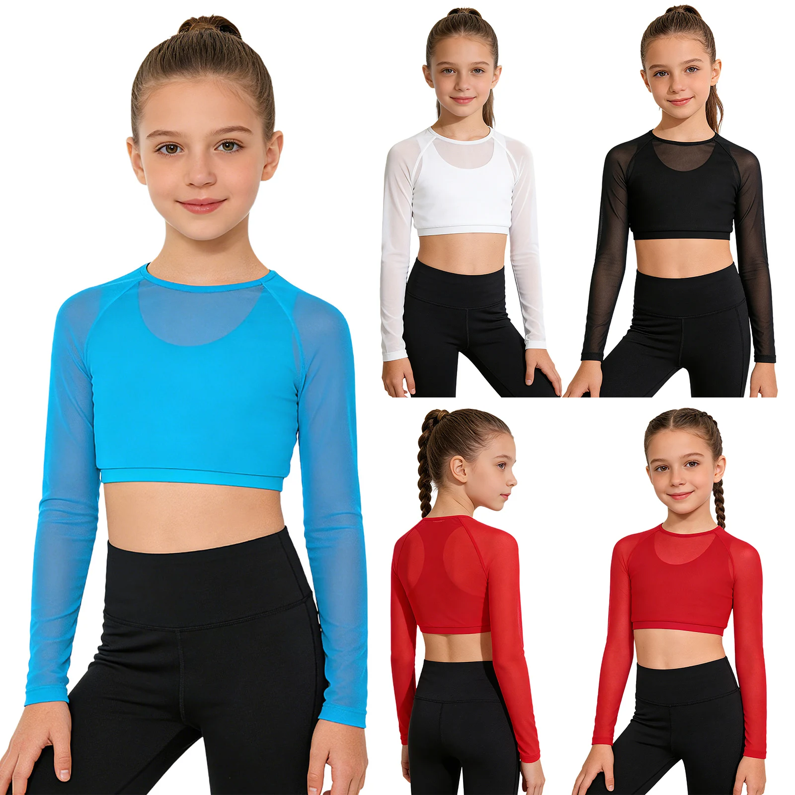 

Kids Girls Hip Hop Jazz Street Dance Sports Tops Long Sleeve Mesh Athletic Crop Top with Built-in Vest for Yoga Workout Running