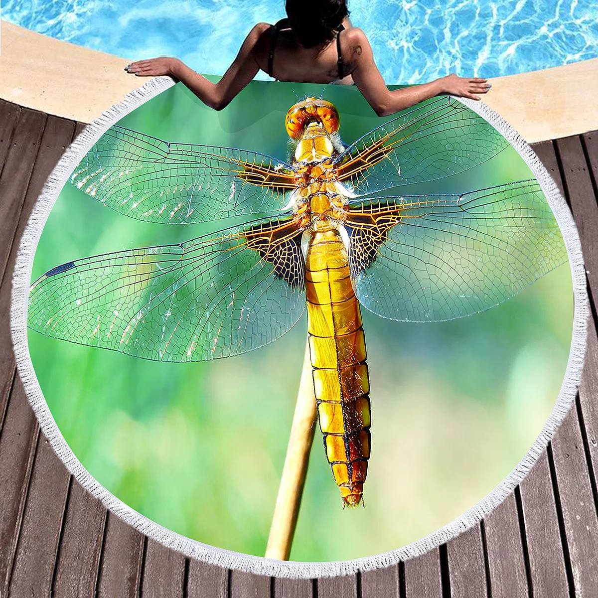 منشفة شاطئ مستديرة مطبوعة على شكل حشرة، بطانية شاطئ مقاومة للرمال من البوليستر اليعسوب، منشفة حمام مستديرة ماصة سريعة الجفاف، سجادة نزهة #5