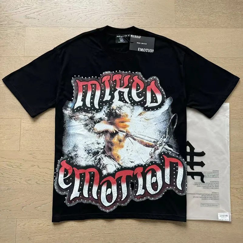 Mixed Emotion American Trendy Brand Angel Print Rhinestone INS Rock Hip Hop Loose Fit Pure Cotton Short Sleeve T-Shirt