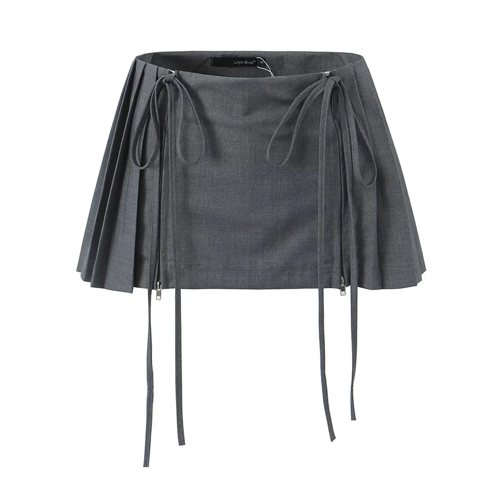 KEYANKETIAN summer new women's lace-up design high waist half skirt Spice Girl style pleated patchwork A-line mini skirt