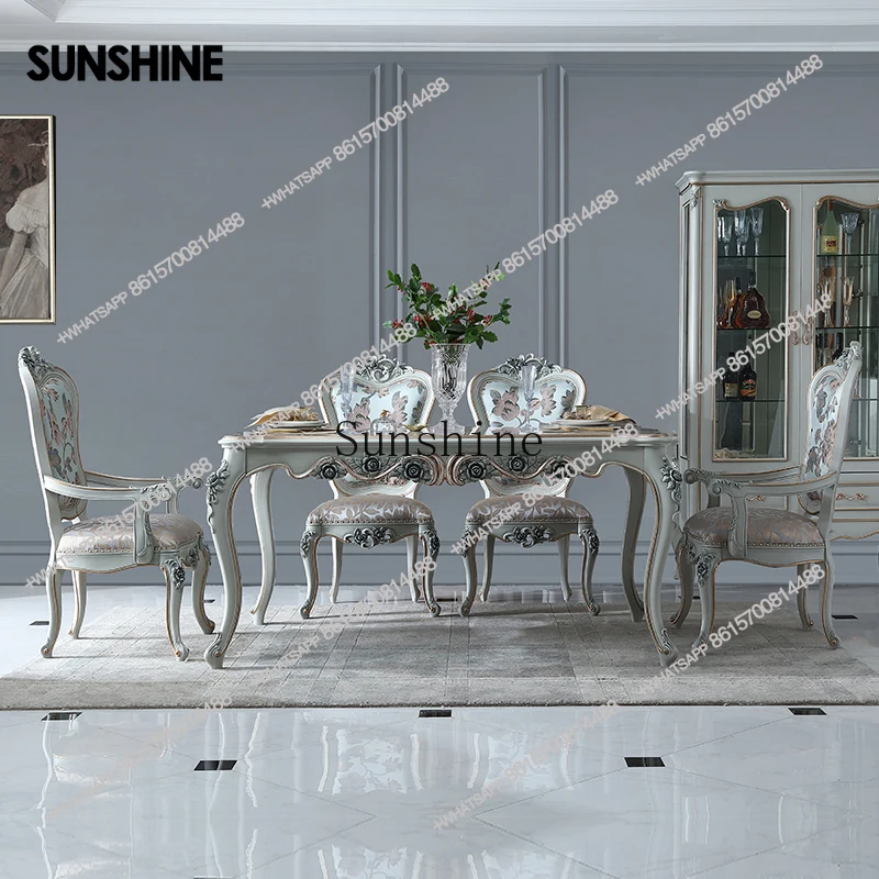 Palace French dining table and chairs combination carved European-style villa beech frameX