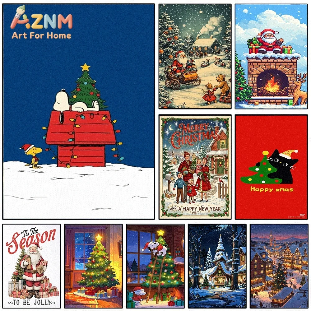 Cute Cartoon Dog Xmas House Christmas Canvas Wall Art Print Poster Unframed Canvas Painting Home Living Room Bedroom Wall Deco