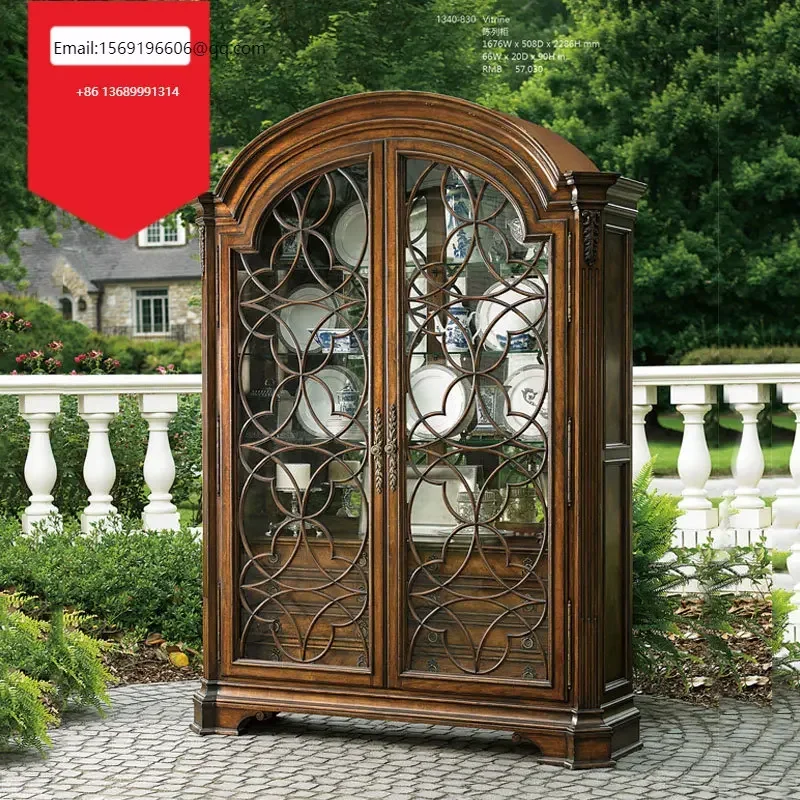 

American classical solid wood semicircular curved glass door villa large dining side cabinet red wine cabinet