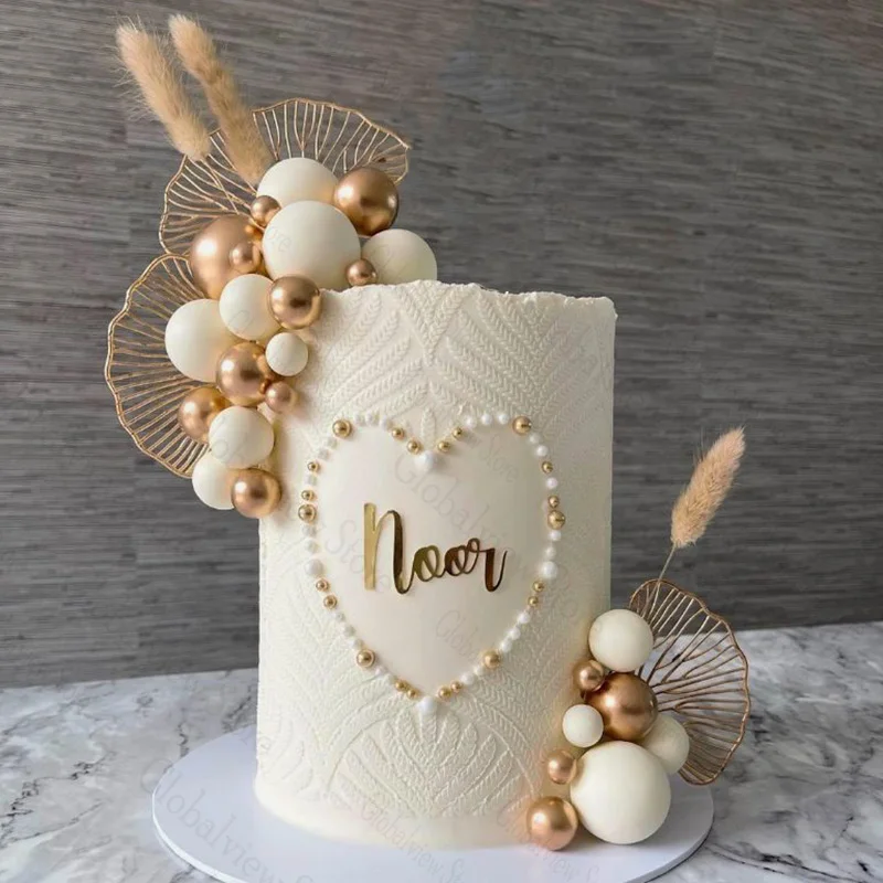 Goldene Blätter, cremeweißgoldene Kugel-Kuchenaufsätze, Boho, einfache Kuchendekoration für Hochzeit, Geburtstag, Party, Dekoration, Babyparty – Detail 4