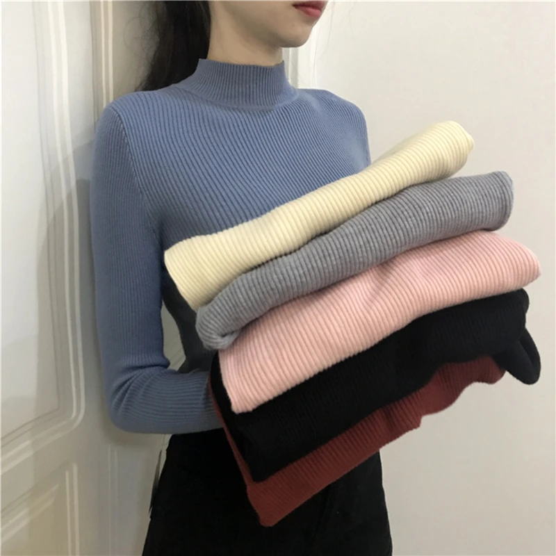 

Half Turtleneck Autumn Women's Primer Sweater Long Sleeve Slim Elastic Korean Simple Basic Cheap Jumper Solid Color Top