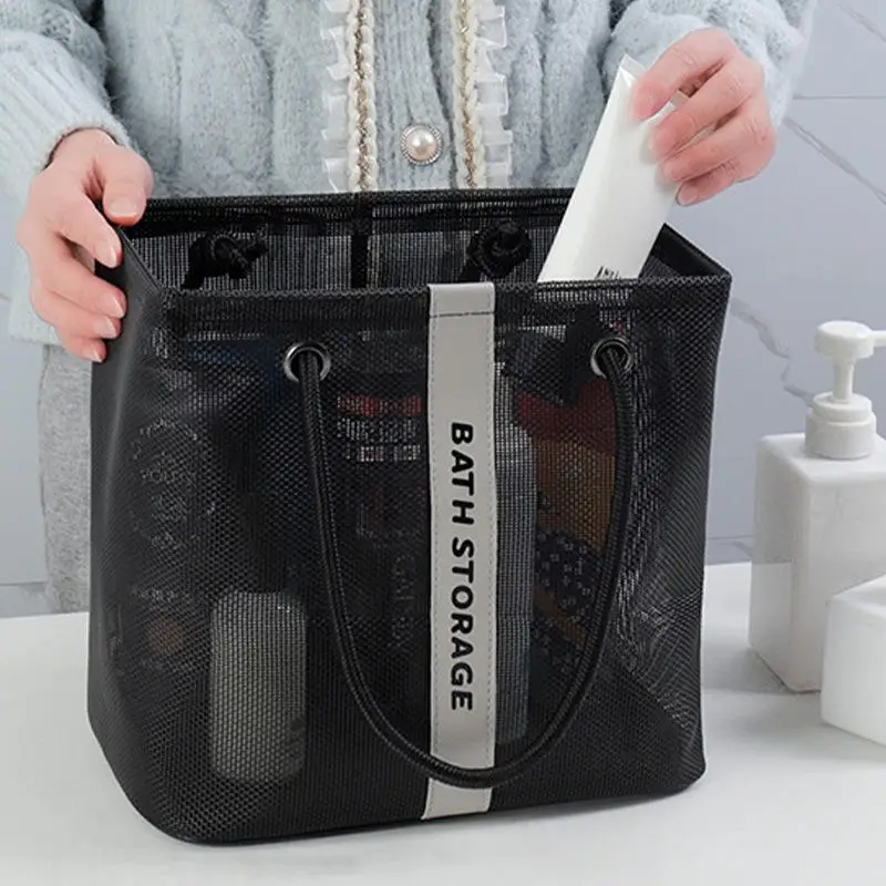 Portable Mesh Toiletry Bag Handle Quick Drying Large Capacity Bathroom Shower Travel Makeup Tote Handbag Organizer Basket