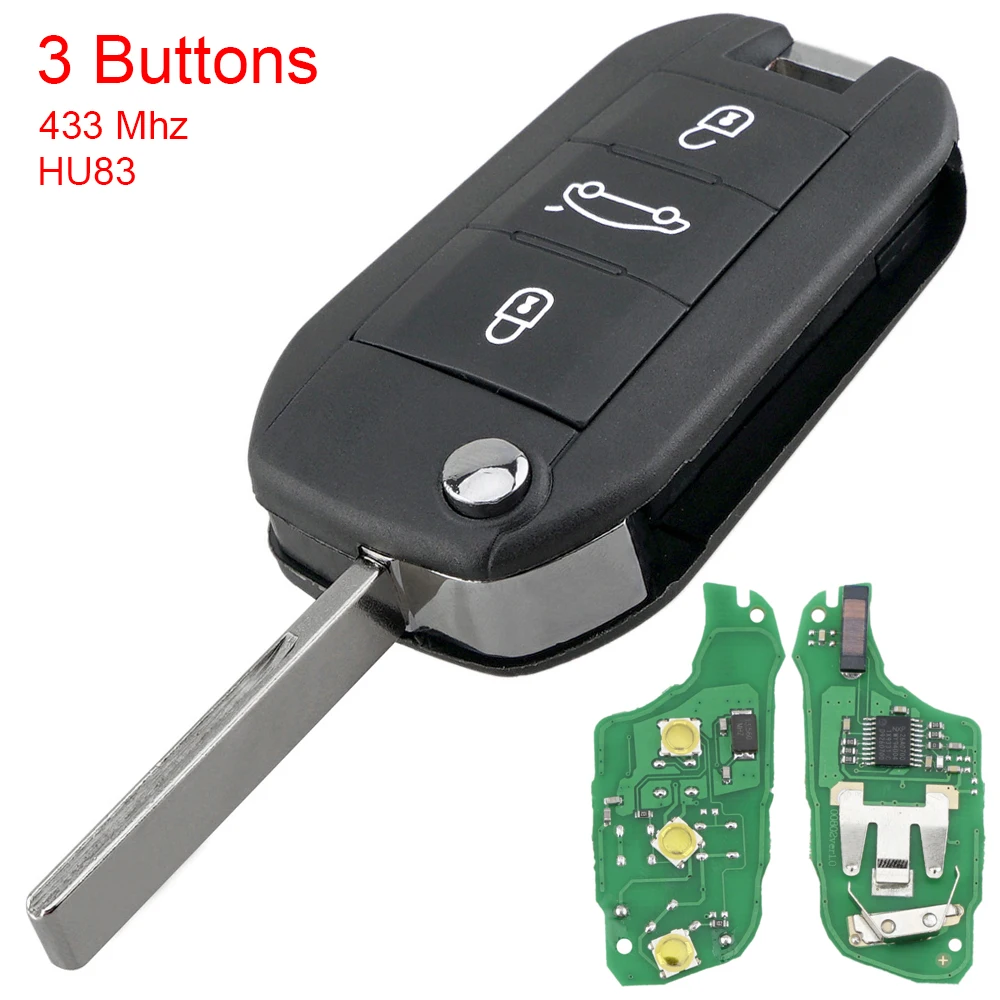

433MHz 3 Buttons Car Remote Key Shell Fob Fit for Peugeot 208 2008 301 308 5008 508 Key Fob Case Cover with 46 Chip HU83 Blade