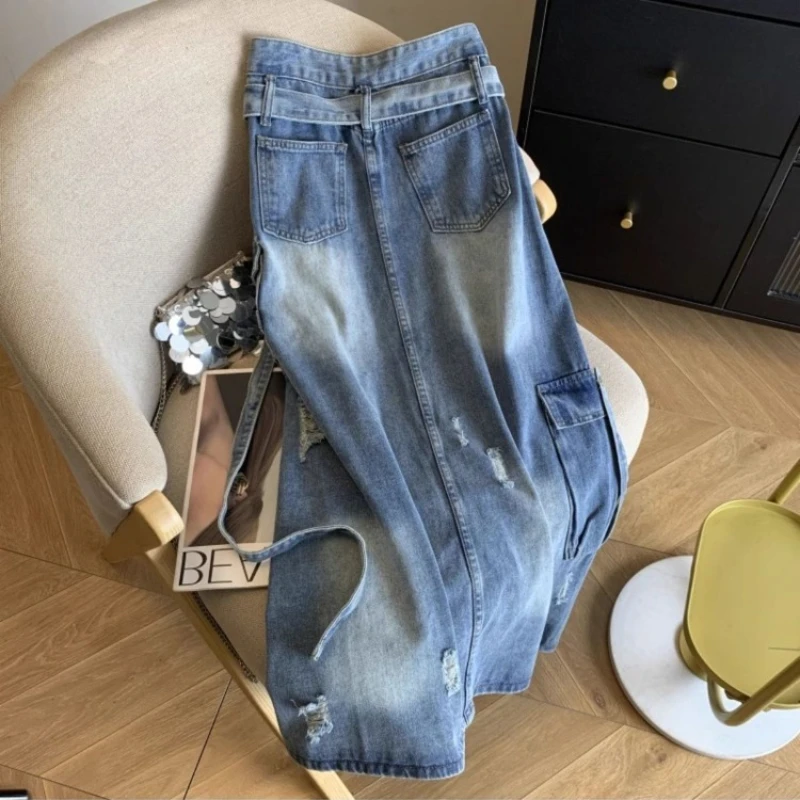 Women's Single-breasted Design Slit Long Skirt Casual Punk Summer Cool Girl Bottoms Female Vintage Street Calf-length Skirts