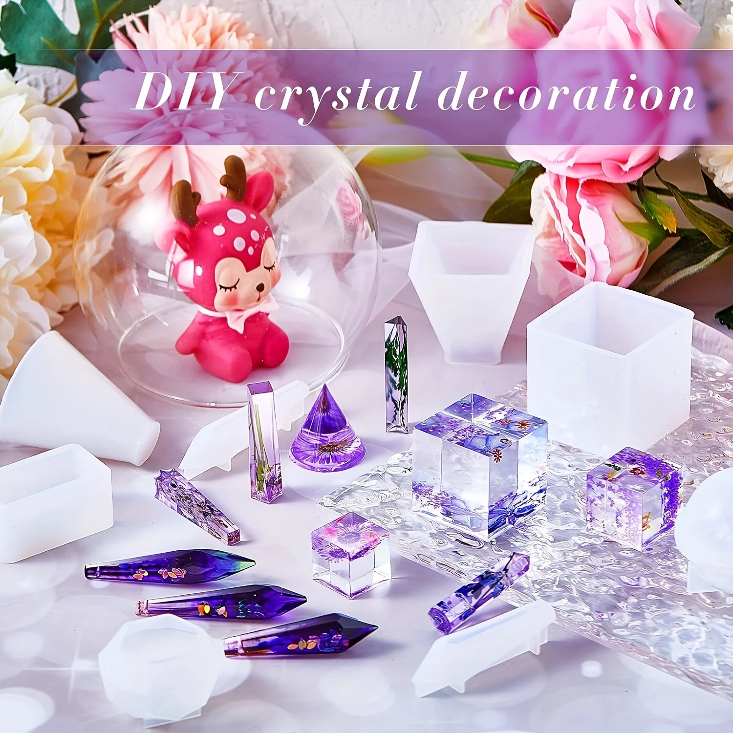 

15 shape reusable silicone resin mold set, including pyramid, sphere, cone and gemstone shapes (gemstone type: stone), durable a