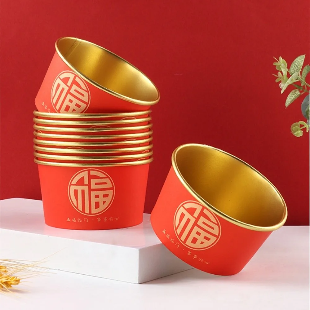 

20pcs Lucky Fu Words Disposable Paper Bowls Thickened 450ml Chinese New Year Bowls Paper Durable Red Snack Bowls Commercial