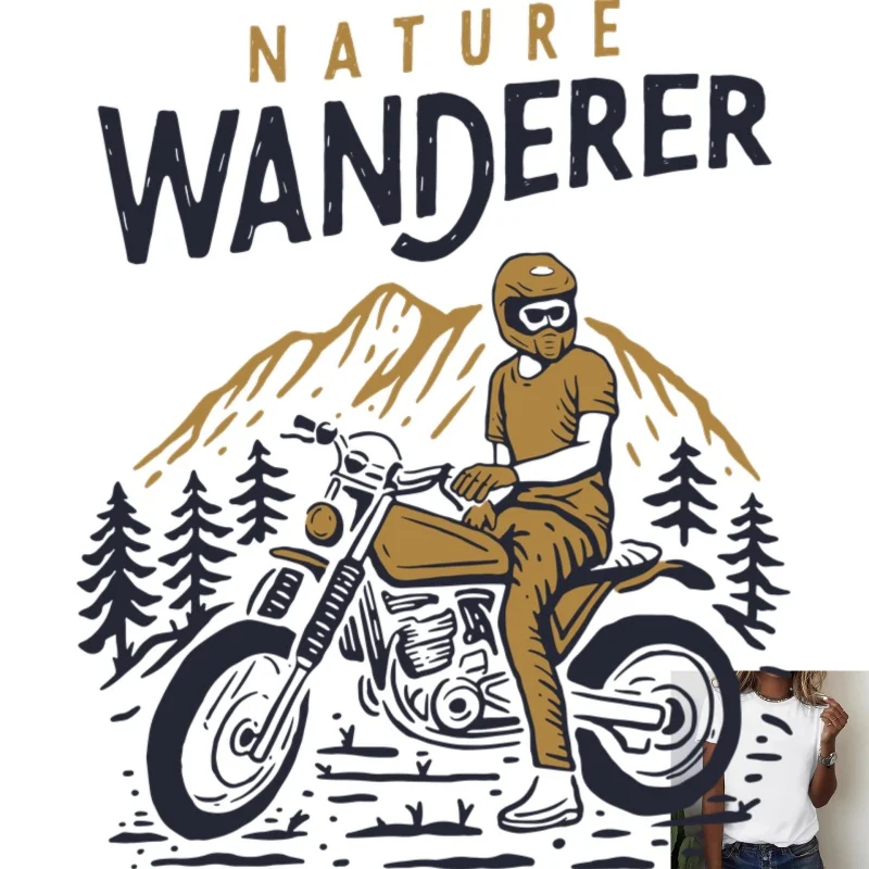 Outdoor Style Nature Wanderer Motorcycle Riding Pattern Heat - Transfer White Ink Iron - on, Suitable for T - shirts, Canvas