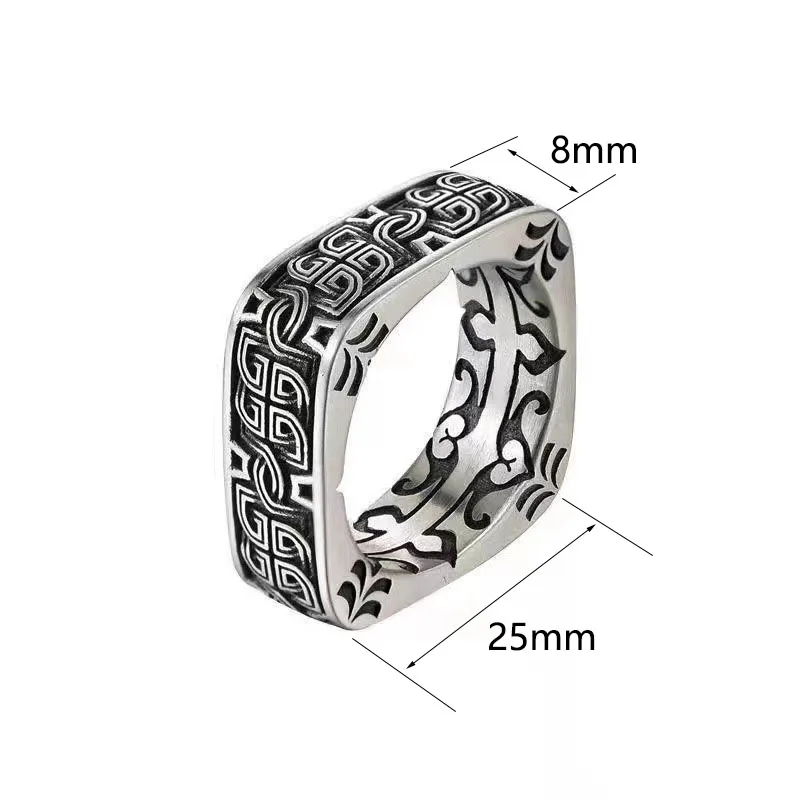 Vintage Square Round Pangu Ring Men's Personality Bully Ring Hip Hop Accessories Fashion Jewelry