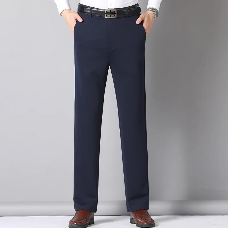 Ropa de primavera y otoño para hombre, pantalones de pierna recta con botones y cremallera, bolsillos de cintura alta, traje informal sólido, pantalones formales Vintage