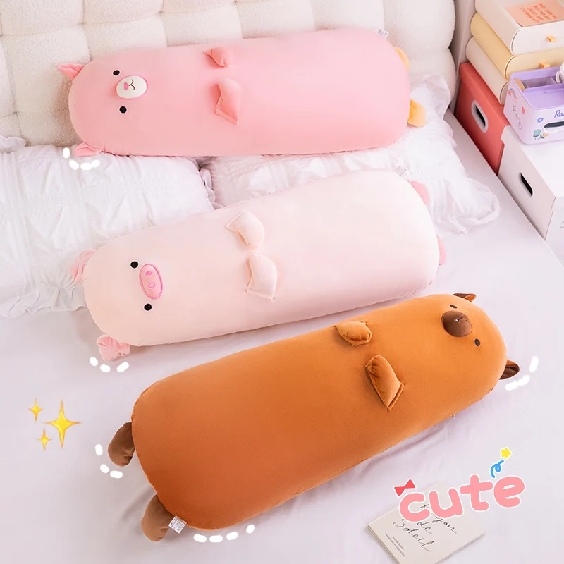 70/90cm Long Cartoon Animal Plush Pillow Stuffed Brown Capybara Pink Pig Lamb Sheep Sleeping Bolster Body Support Plushie Gift