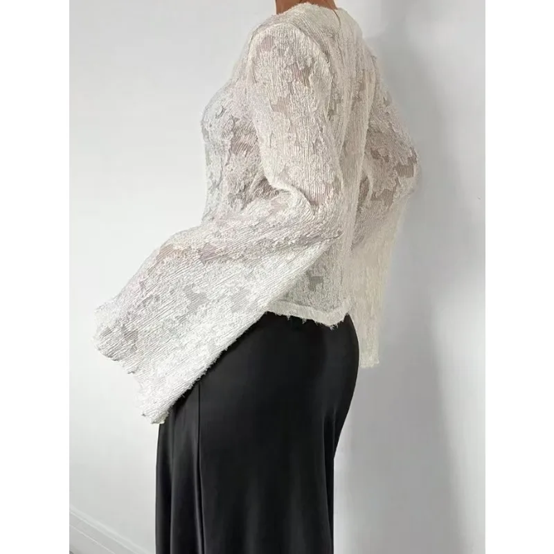 2025 decote em v jacquard renda elegante camisa outono novas mulheres magro ajuste blusa nova primavera moda trompete manga sexy oco curto topo