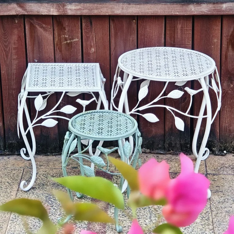 Iron three-piece set, flower rack square and round raised floor-standing storage, garden bench, stairs, courtyard, balcony, indo