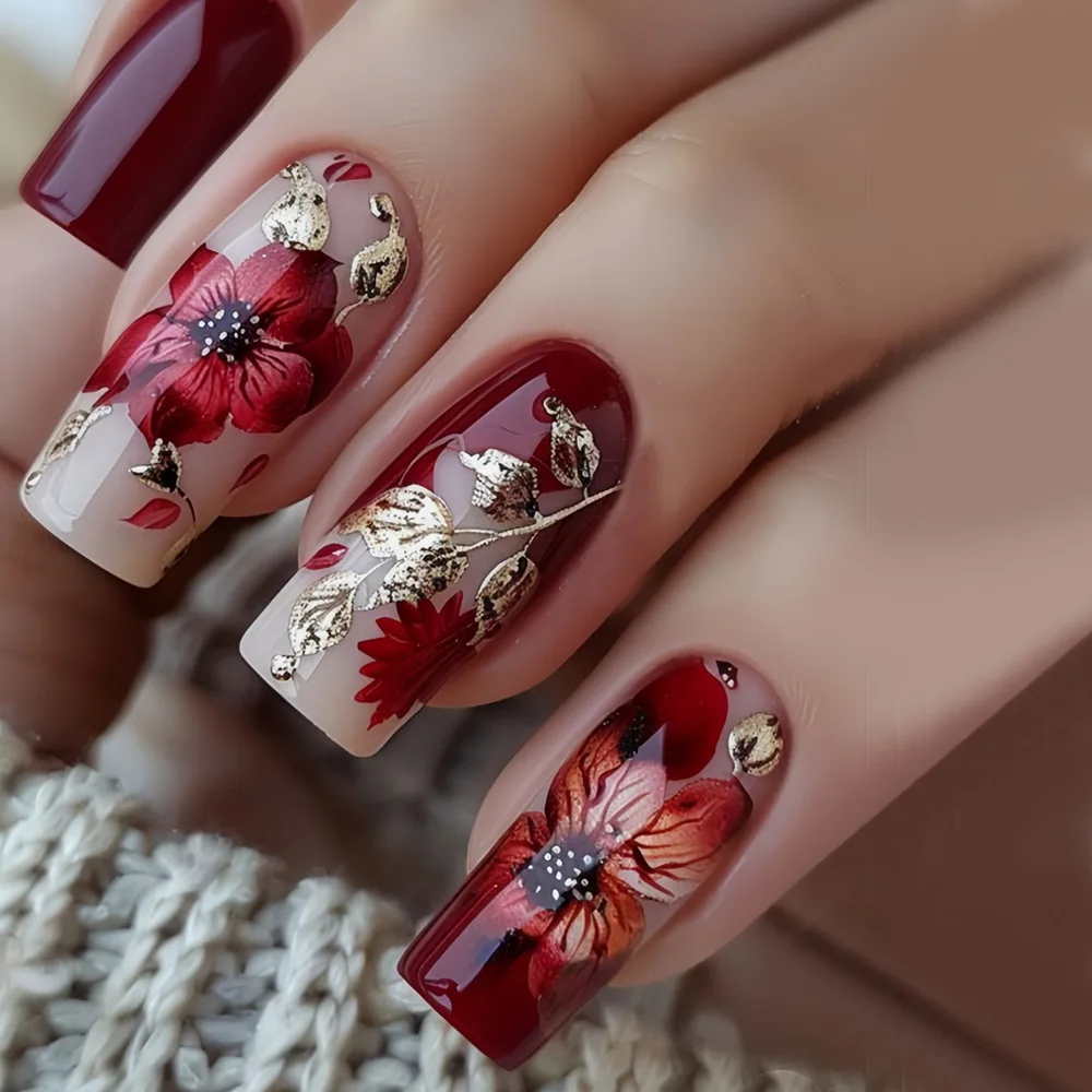 

24PCS Medium Square Nails High End Elegant Rose Red Glossy Floral Leaf Stripes Fake Nails French Design Versatile Press on Nails