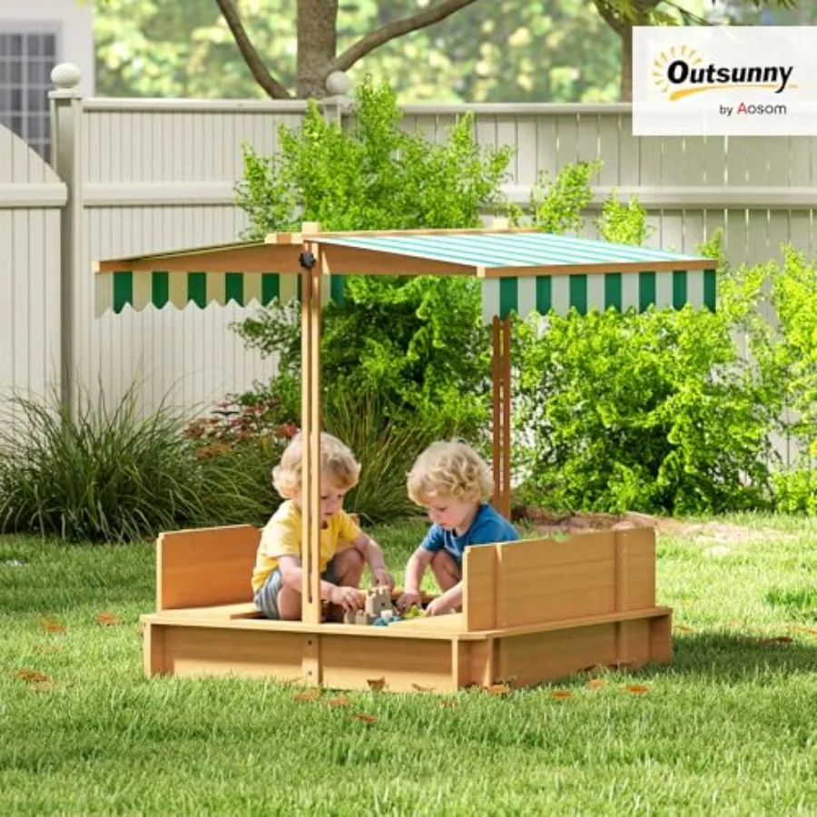 Outdoor wooden sandbox with lid and canopy, natural wood color, foldable bench seats and sand protection, includes bottom liner