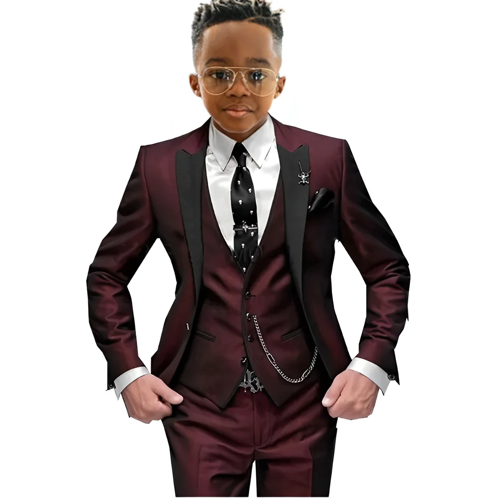 

Boy's Suits Blazers Suit Slim Fit 3 Pieces Burgundy Tuxedo Gentle Kids Wedding Notch lapel Boy Terno Jacket Pants Vest