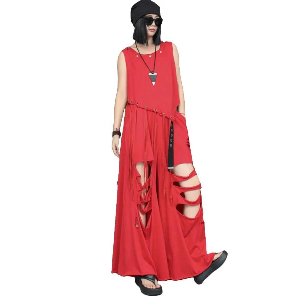 Personalized Design Irregular Tassel Sleeveless Top + Holes Wide Leg Pants Two-piece Set Women 2024 Summer Red Pant Set LX1692