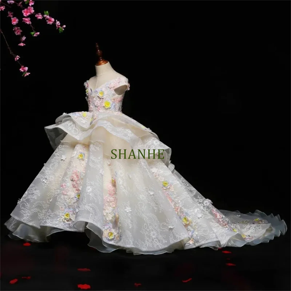 

CustomizedBall Gown Baby Flower Girl Dresses Appliques Court Train Princess Prom Birthday Party Gowns Wedding Kids