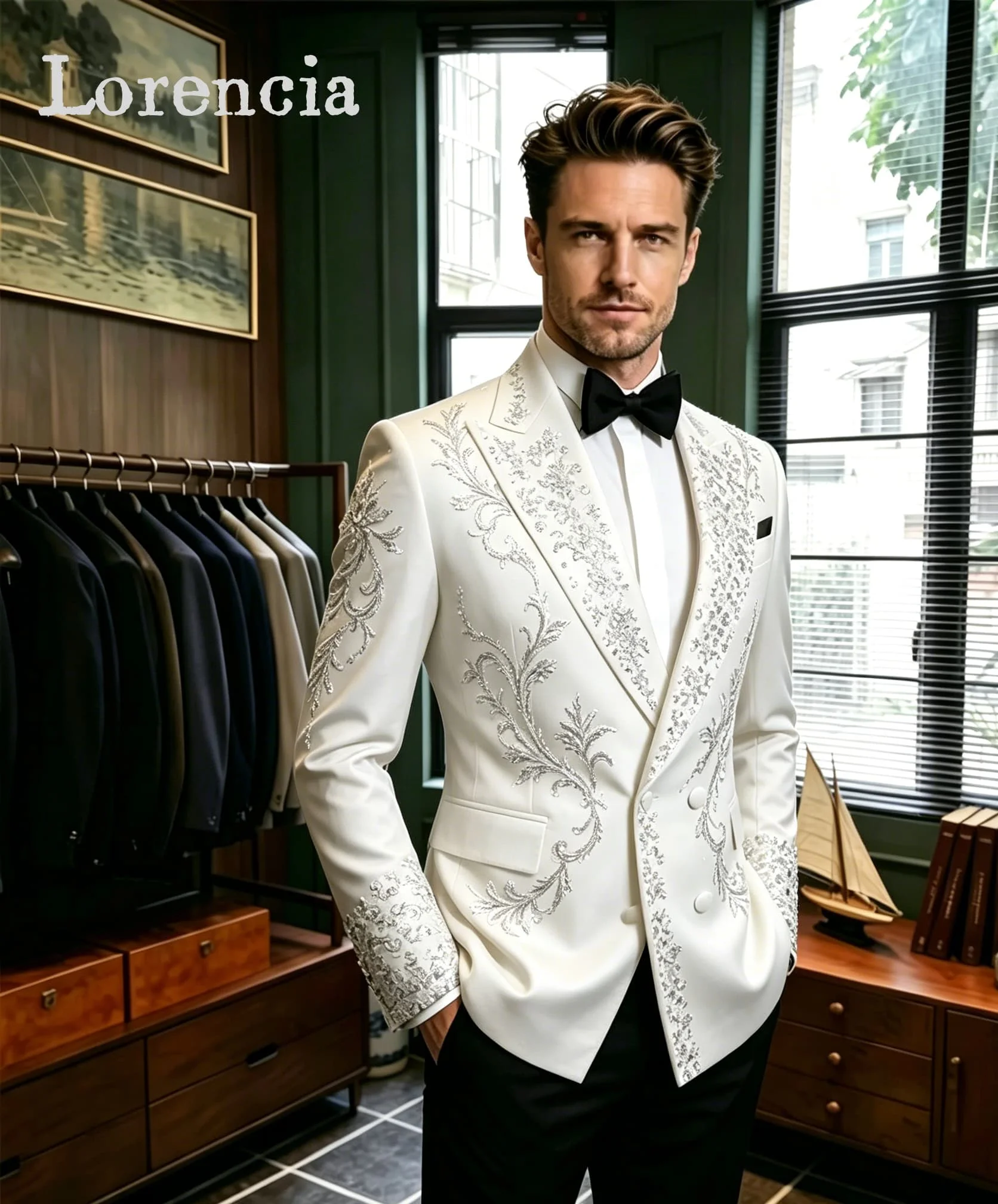Rhinestone 2-Piece Suit for Men Double Breasted Crystal Diamond Wedding Groom Suit Customized Blazer Pant Tuxedo fatos de homem