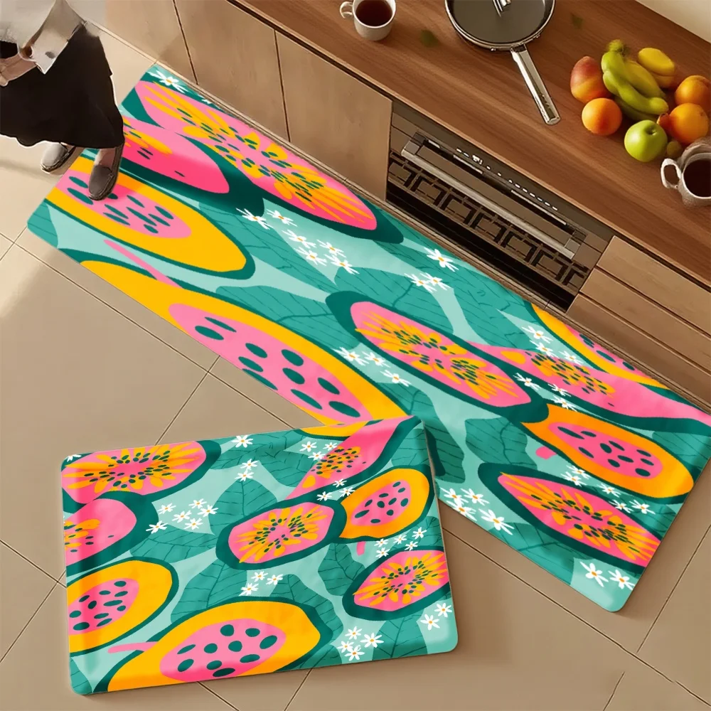 3PCS Mat Set,  Home Decoration for Front Door, Kitchen,  Colorful Papaya Pattern With Vibrant Fruits And Leaves Kitchen Rug.