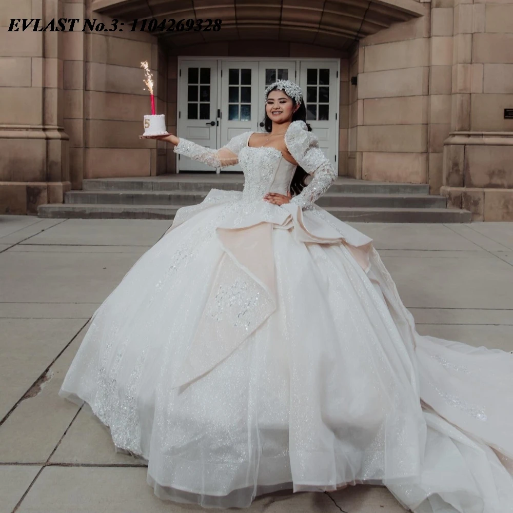 

EVLAST блестящее белое платье Quinceanera по индивидуальному заказу, бальное платье с кружевной аппликацией и блестками, расшитым бисером и бантом, Sweet 16, Vestidos De 15 Anos E3Q729
