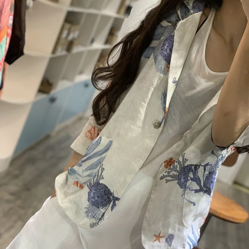 Blazers Women Print Single Button Notched Loose Elegant Stylish Casual All-match Summer Breathable Thin Cool Fashion Daily New