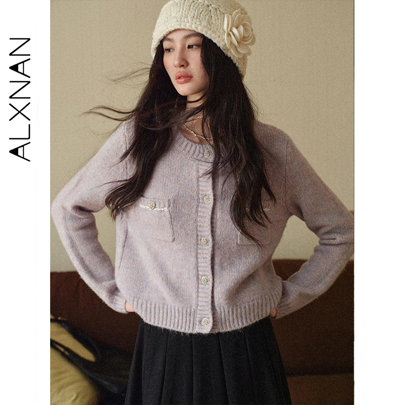 

ALXNAN фиолетовый короткий вязаный кардиган свободного покроя с круглым вырезом и шикарными пуговицами, элегантный шерстяной свитер, осенние новые женские вязаные топы L578136