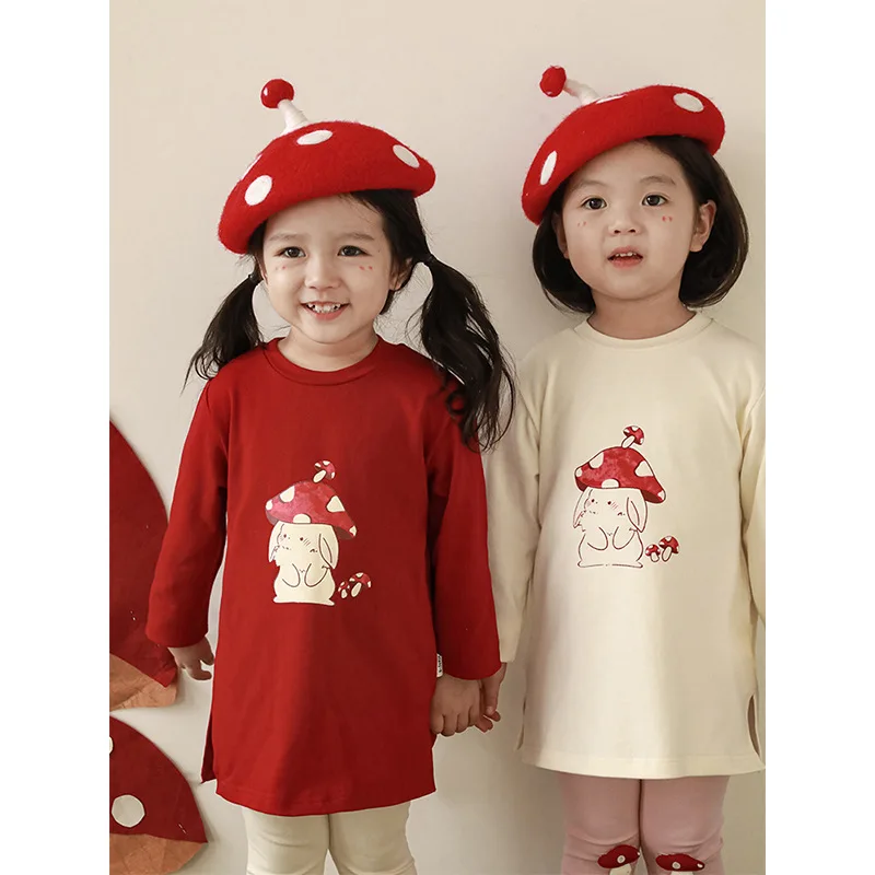 Girl's Mushroom Rabbit T-shirt 2024 Spring New Children's Cute Cartoon Long Sleeved Top