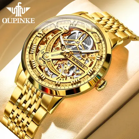 OUPINKE A3173 Mens Watch Luxury Brand Skeleton Automatic Mechanical Watch 50M Waterproof Tungsten Steel/Leather Strap Watch