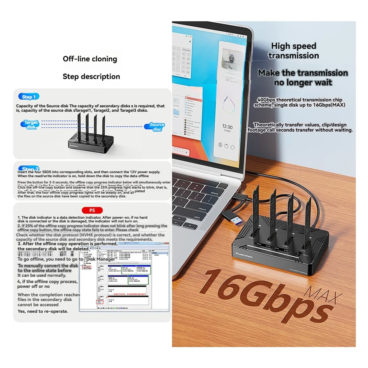 НОВАЯ док-станция Blueendless с 4 отсеками M.2 NVME SSD, внешний жесткий корпус 40 Гбит/с с функцией клонирования для ноутбука, вилка стандарта США
