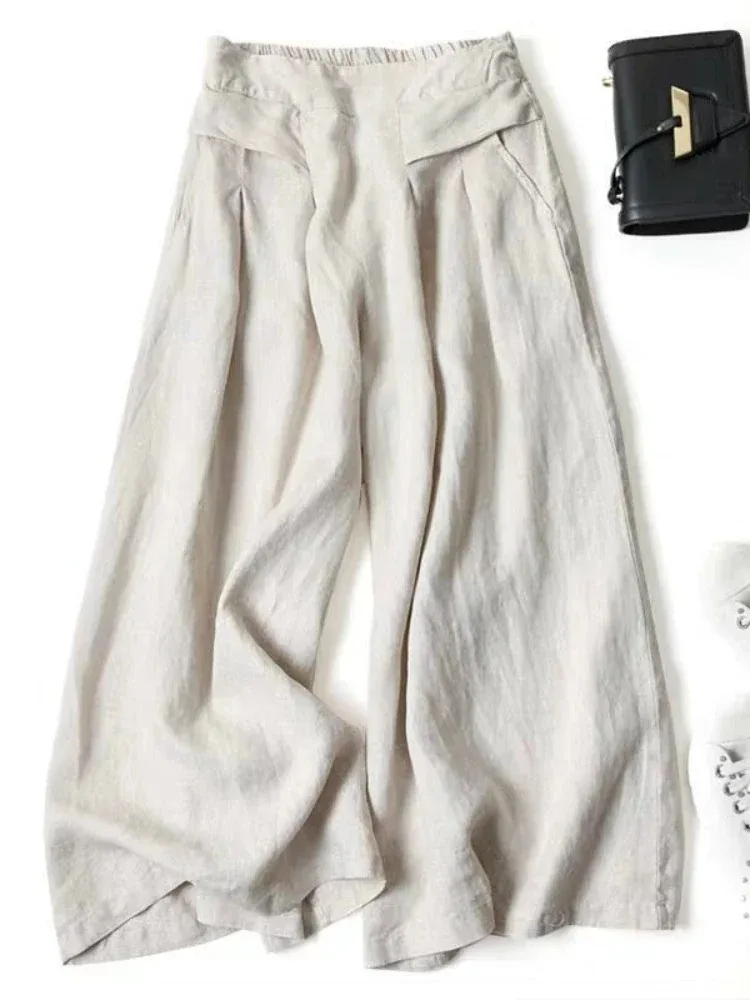 

Summer Pants for Women Cotton Linen Large Size Wide Leg Pants Femme Arts Style Elastic Waist Solid Casual Loose Pantalon