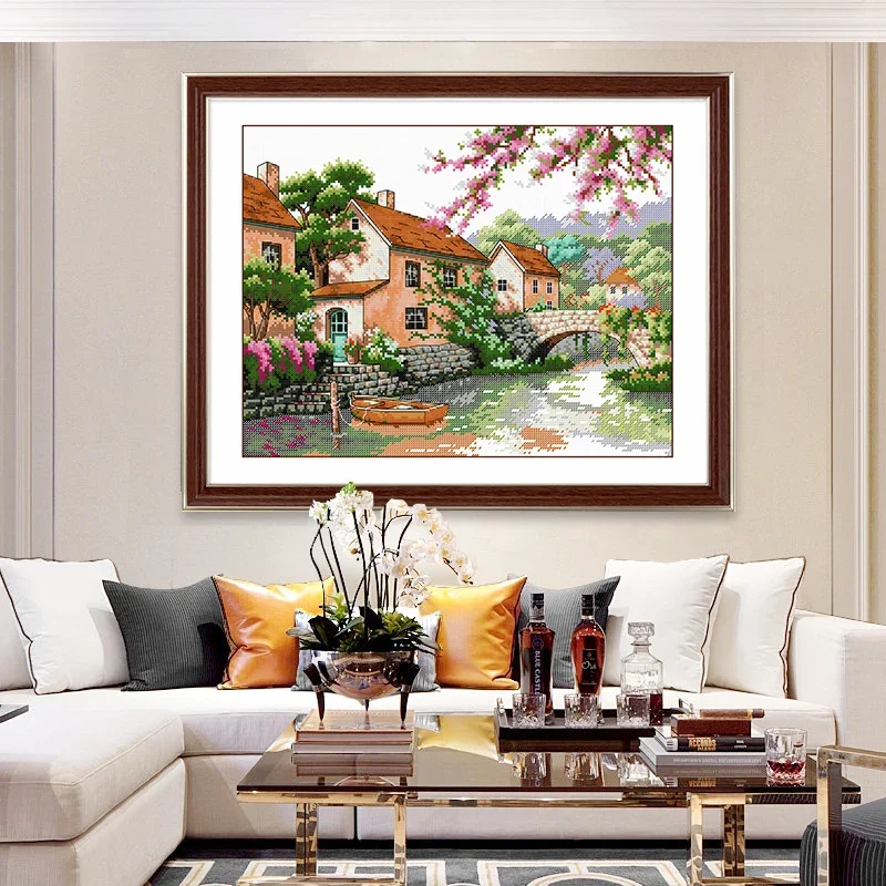 

Весенний китайский пейзаж, наборы для вышивки крестом, весенний пригородный сельский пейзаж, 11 карат, рукоделие, вышивка, печать на холсте, полный комплект