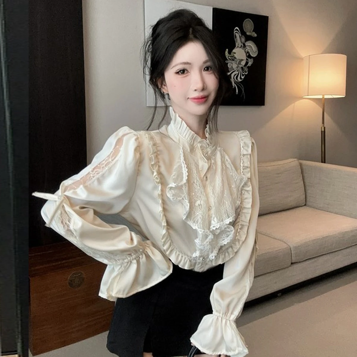 

Женский шифоновый топ с кружевной отделкой в стиле ретро, длинный све irt Ele Court Sle Base Top, свободный крой Bell Sve