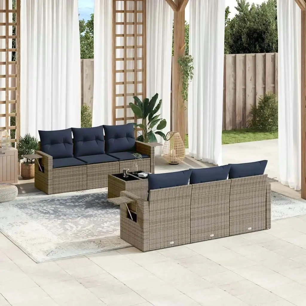 

7 Piece Gray Poly Rattan Patio Sofa Set with Cushions Outdoor Furniture Garden Lounge Seating