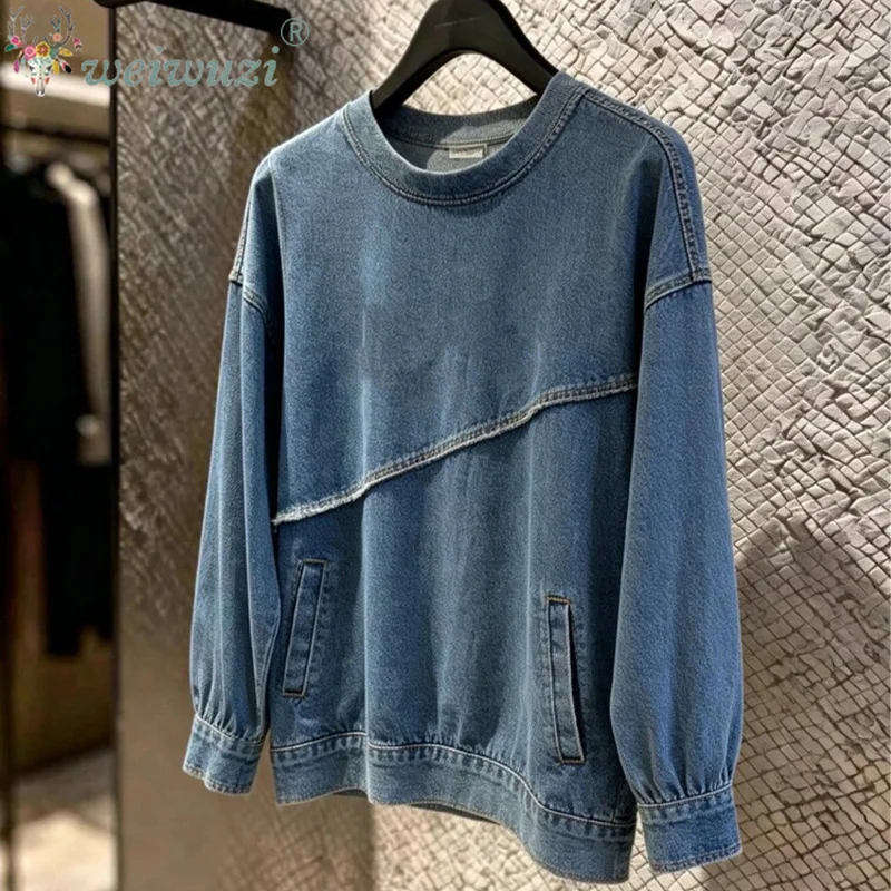 Women Denim Jacket Irregular Cut Jean Coat Loose Lazy Style Long Sleeve Outerwear Casual Reduced Age Streetwear Fashion Tops