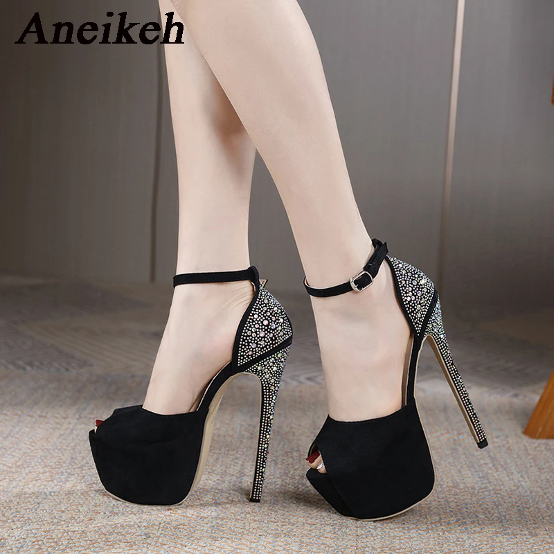 Aneikeh Roman Style Diamond Fashion Platform Pumps Comfortable 16cm High Heel Sandals Buckle Strap Ladies Party Stripper Shoes