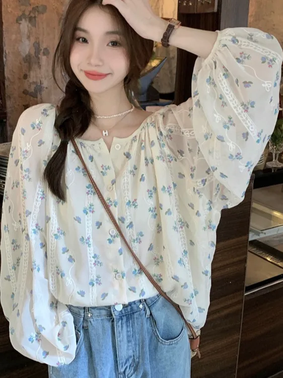 

Корейский Sle с цветочным принтом Long Sve irt, женский свободный тонкий круглый Ne Sweet, подходящий шифоновый топ Ele Faion, осень 2025 г.