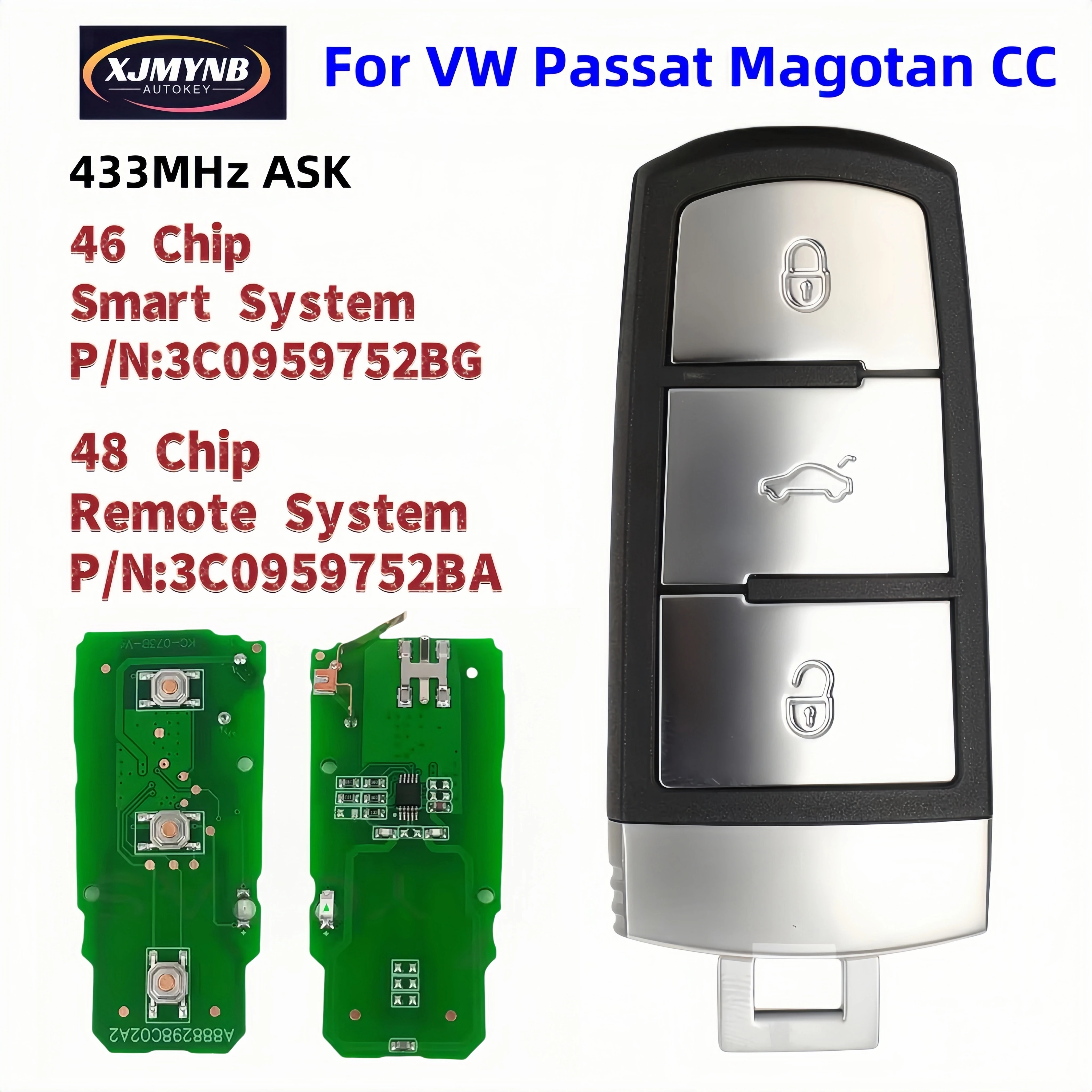 XJMYNB 3C0959752BA 3C0959752BG Smart Remote Car Key For 2004-2015 VW Passat B6 3C B7 Magotan CC 3 Button 433MHz ID46/ID48 Chip