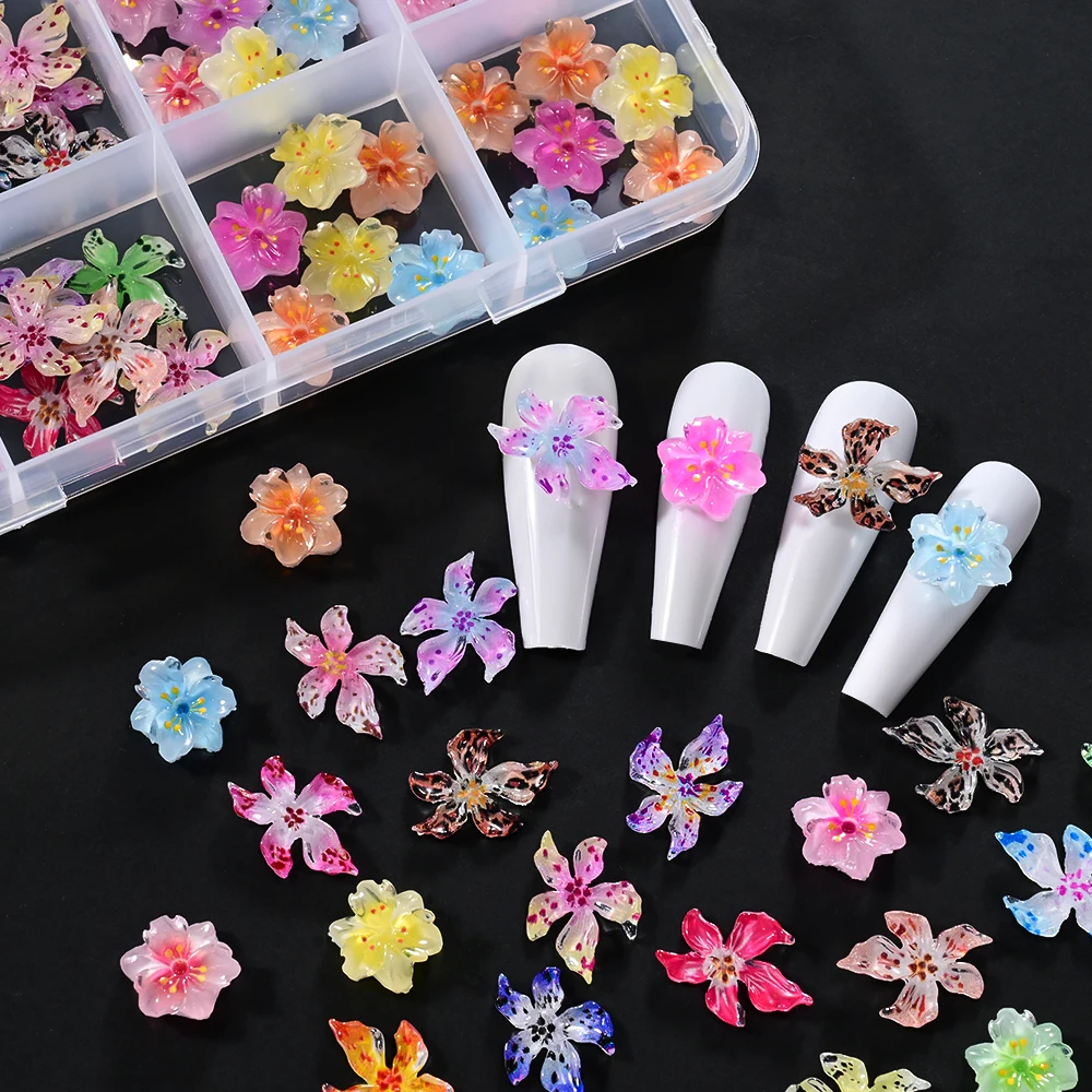 1BOX 3D Gemengde Gradiënt Kleurrijke Bloem Nagel Charmes Zwakke Kleur Kersenbloesem Kristal Zacht Gevlekte Bloemen Nagel Strass Decora